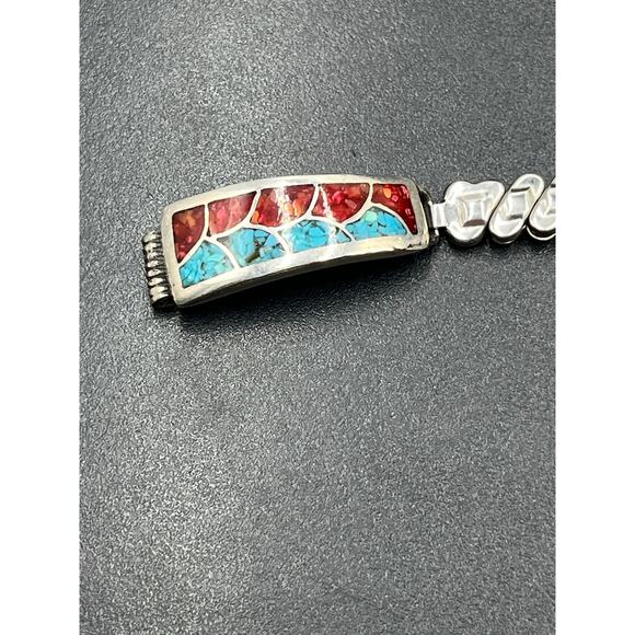 Vintage Native American Sterling Turquoise Coral Expandable Watch Band Bracelet - Picture 5 of 10